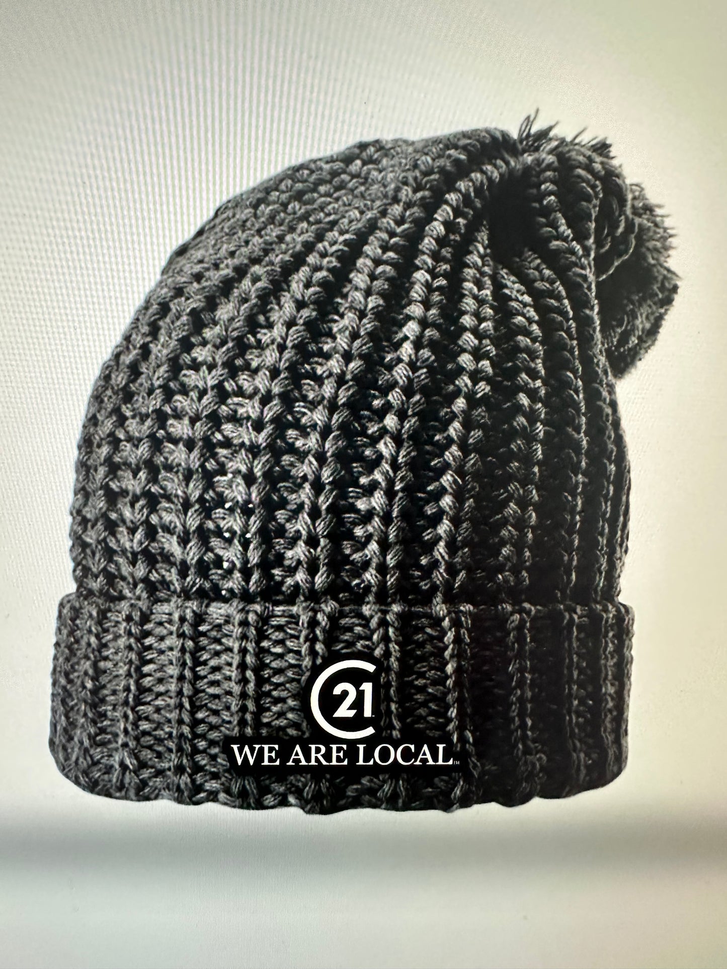 Chunky Cable BEANIE with Cuff & Pom.  (BLACK) EMBROIDERED