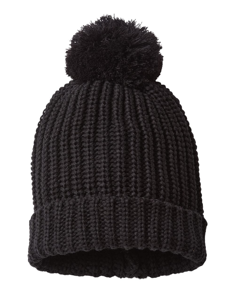 Chunky Cable BEANIE with Cuff & Pom.  (BLACK) EMBROIDERED