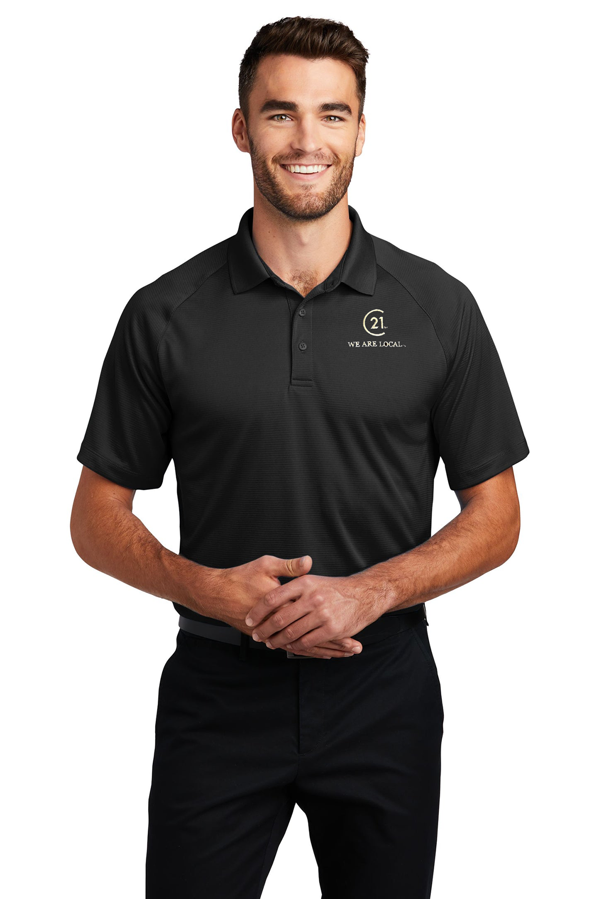 C 21 We Are Local Men's Black Crossover Raglan Polo With The C21 WE ARE LOCAL Embroidered